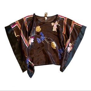 Brown Silk Shirt with Floral Print and Black Sash